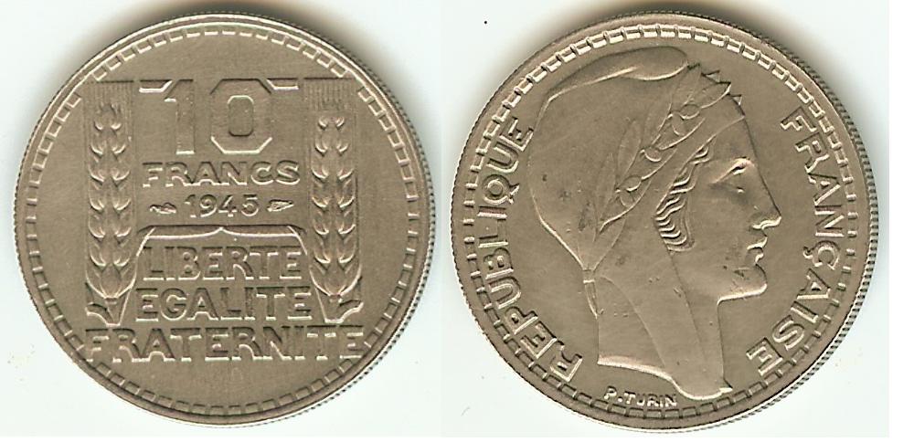 10 Francs Turin 1945 Short leaves EF+